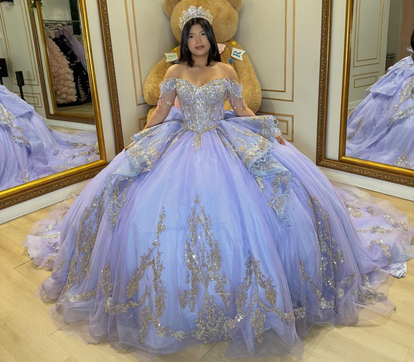 Lace Crystal Beaded Off Shoulder Princess Lilac Quinceanera Dress for Sweet 16 HE1589