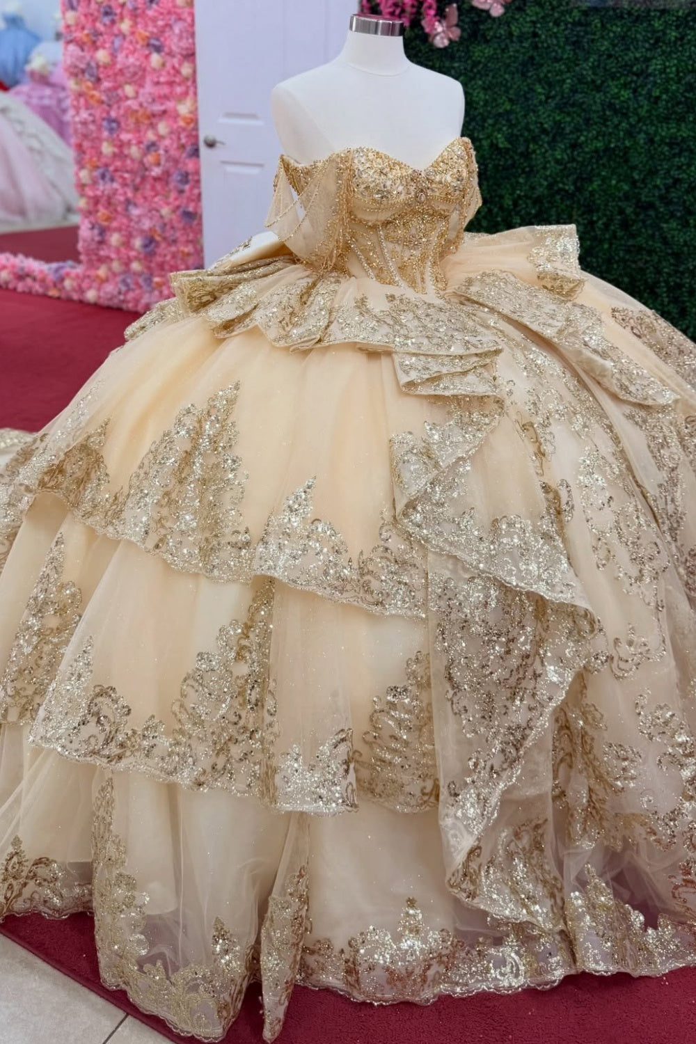 Off Shoulder Tulle Tiered Champagne Quinceanera Dresses Lace Appliqued