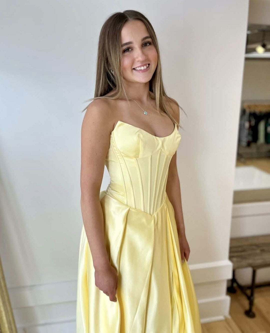 Strapless Satin Corset Plus Size Prom Dresses Long A Line Evening Gowns for Women HE1580