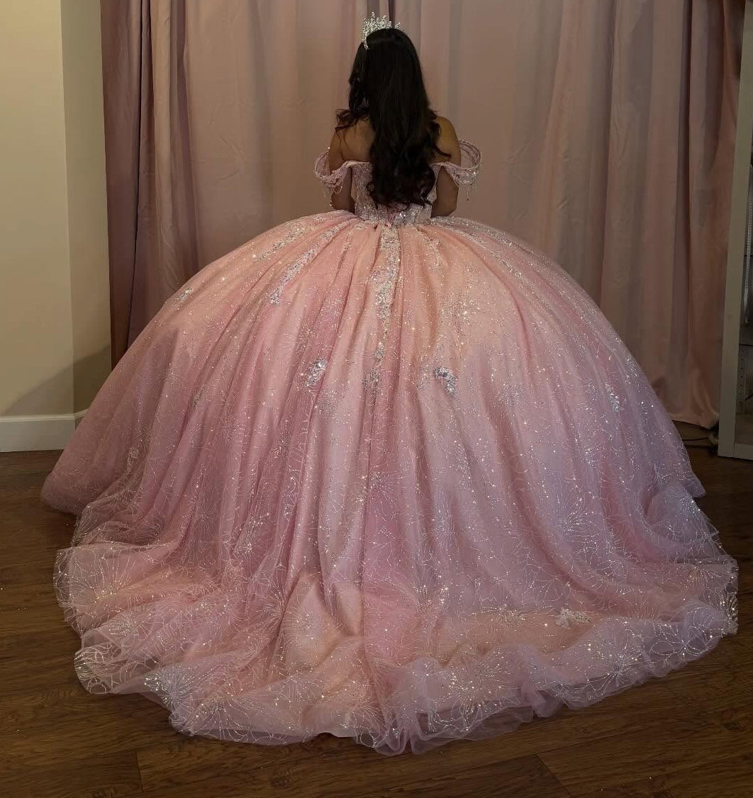 Off Shoulder Sweet 16 Pink Quinceanera Dresses Glittery Tulle Beaded Birthday Gown HE1461