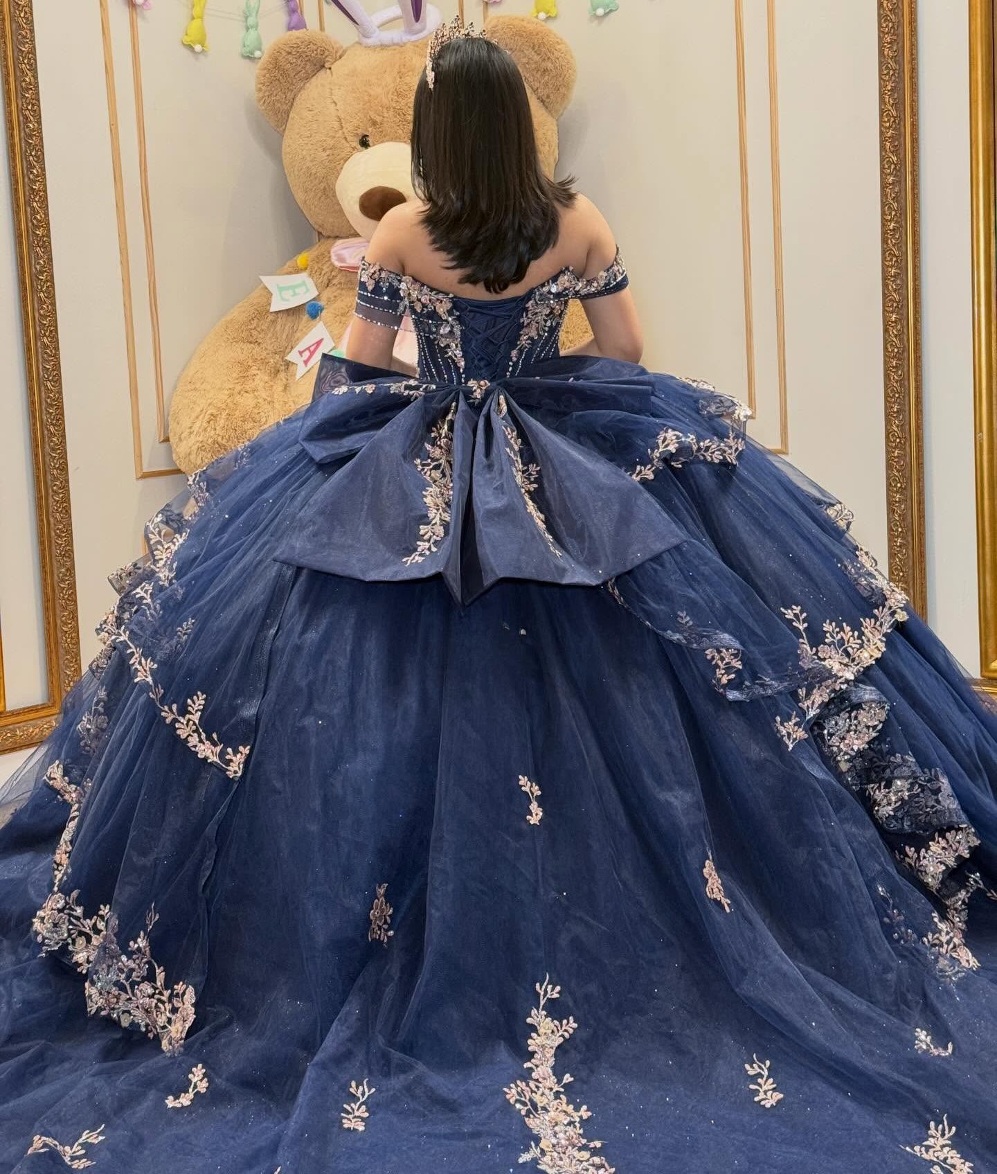 Princess Tulle Lace Appliqued Off Shoulder Blue Quinceanera Dress with Ruffled HE1585