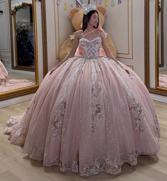 Ball Gown Princess Lace Sequin Beaded Sweet 16 Pink Quinceanera Dresses HE1587