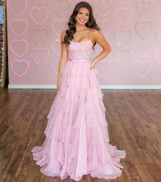 A Line Chiffon Ruffled Lace Appliqued Corset Prom Dresses Long for Women HE1582