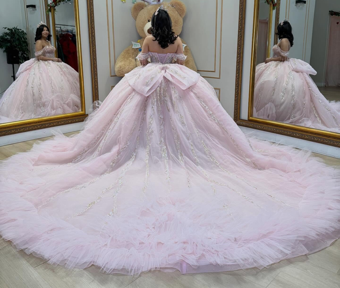 Off Shoulder Pink Tulle Ruffled Beaded Crystal Quinceanera Dress for Sweet 16 HE1582