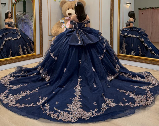 Princess Tulle Lace Appliqued Off Shoulder Blue Quinceanera Dress with Ruffled HE1585