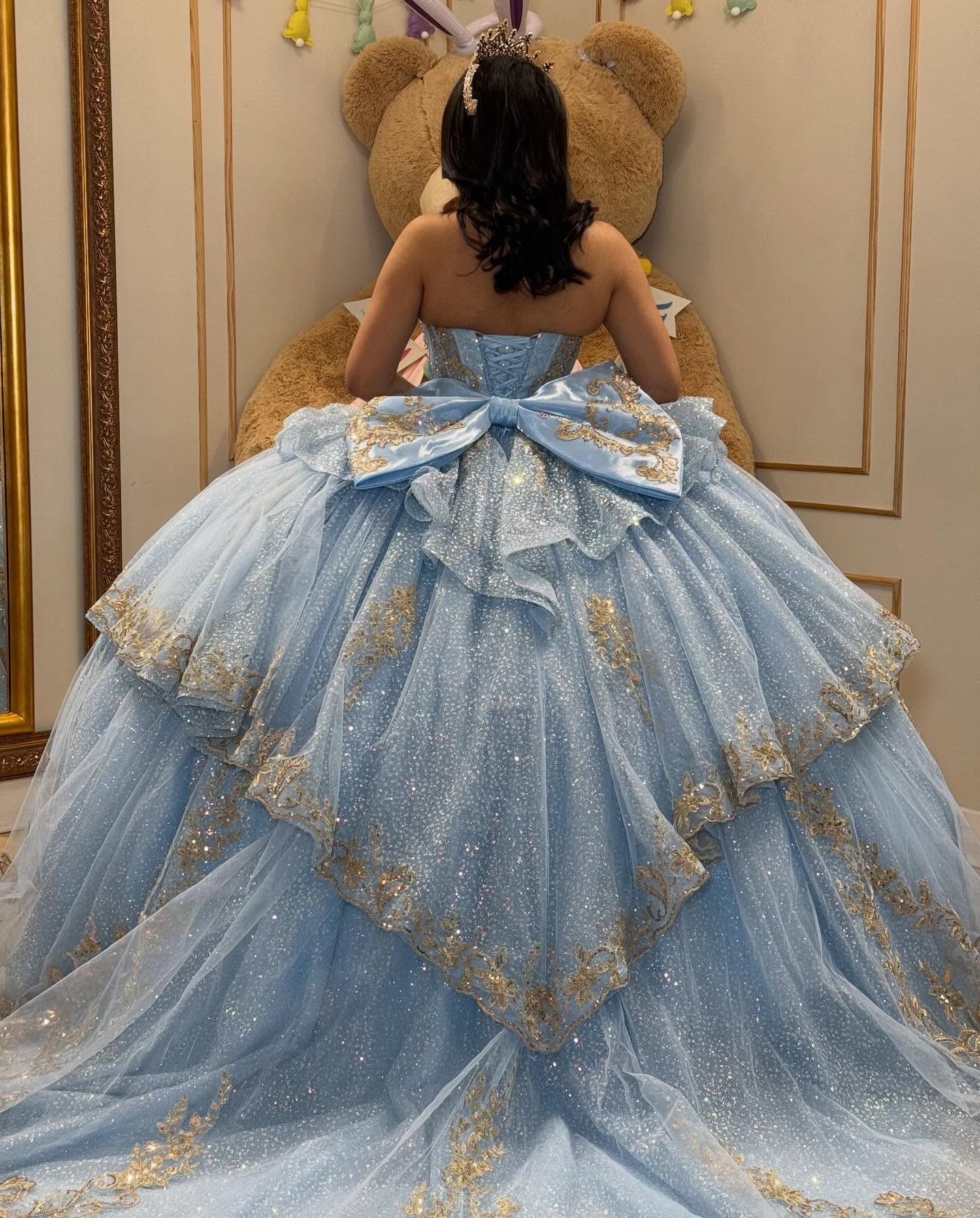 Sweetheart Glittery Tulle Lace Appliqued Blue Sweet 16 Quinceanera Dress with Ruffled HE1583