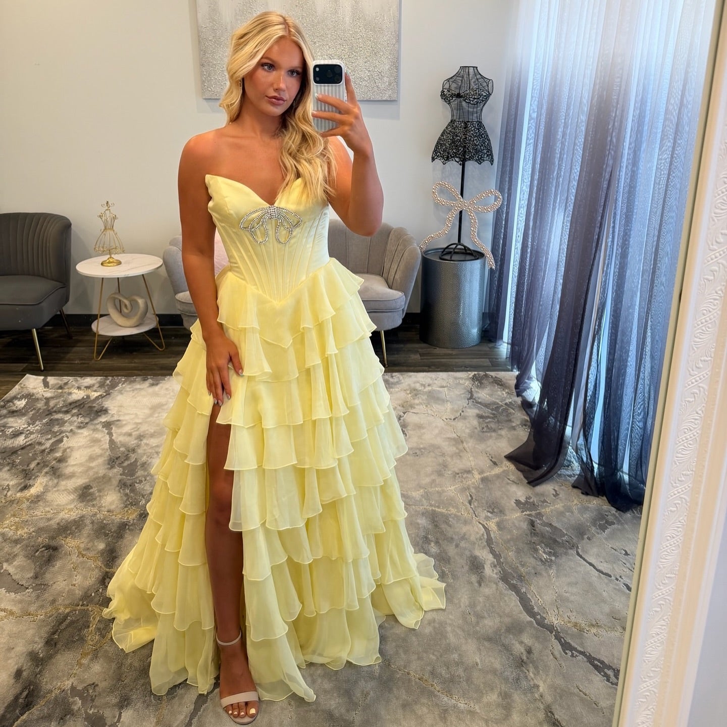 A Line Strapless Corset Chiffon Tiered Crystal Long Prom Dresses with Slit HE1479