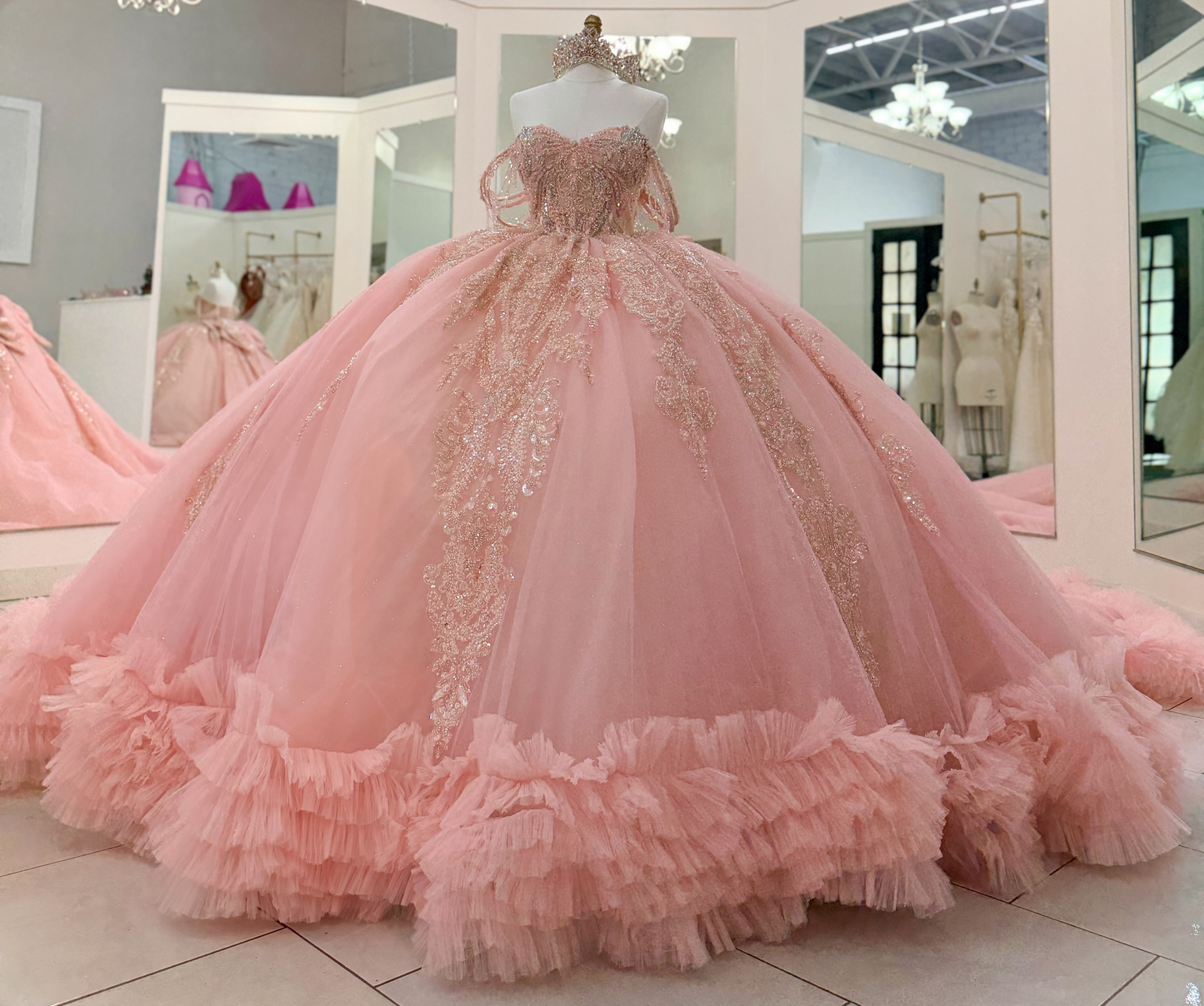 Tulle Lace Appliqued Pink Off Shoulder Sweet 16 Quinceanera Dresses with Tiered HE1607