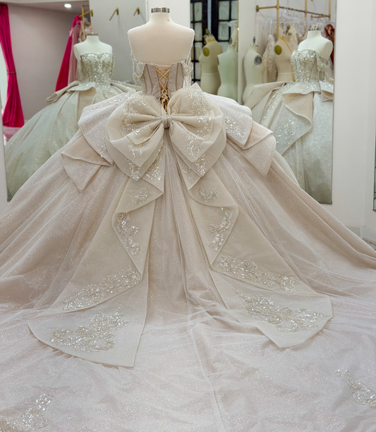 Glittery Tulle Crystal Beaded Off Shoulder Champagne Sweet 15 Quinceanera Dresses HE1569
