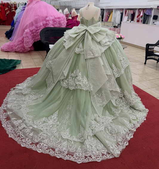 Off Shoulder Tulle Ruffled Lace Beaded Sweet 16 Green Quinceanera Dresses HE1564