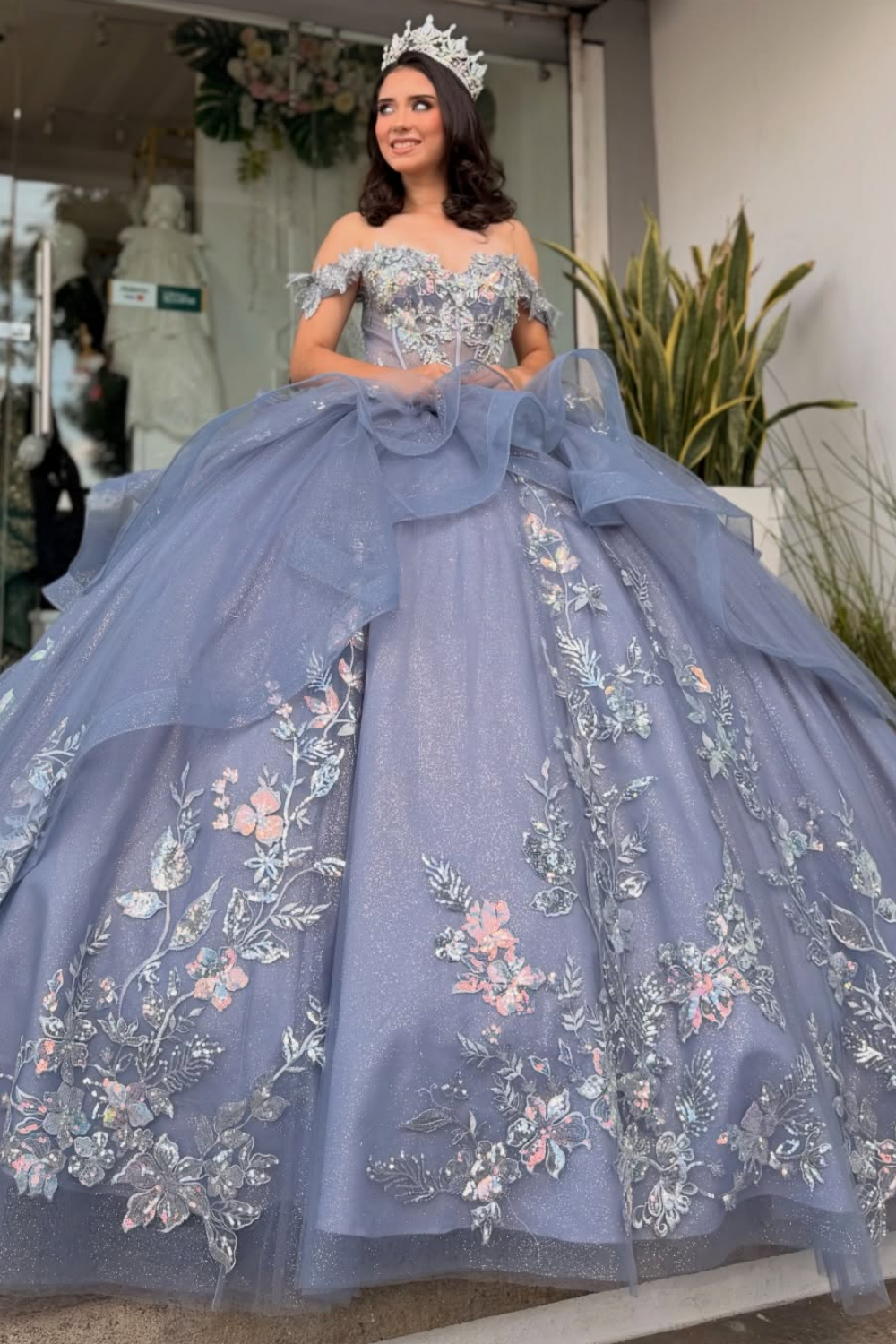 Off Shoulder Lace Appliqued Tulle Ruffled Dusty Blue Quinceanera Dress