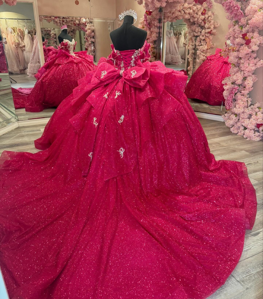 Glittery Tulle Crystal Beaded Fuchisa Quinceanera Dresses Sweet 16 Birthday Gowns HE1574
