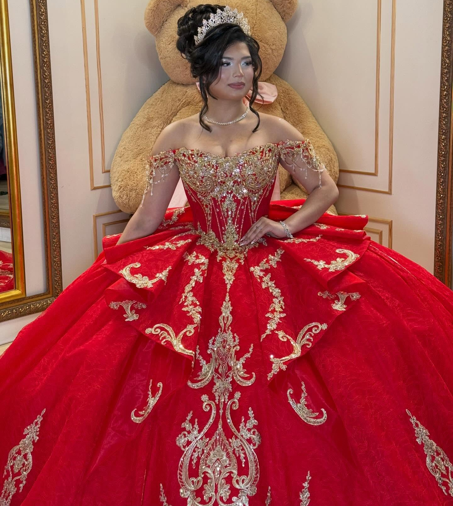 Lace Appliqued Beaded Off Shoulder Red Quinceanera Dresses for Sweet 16 HE1578