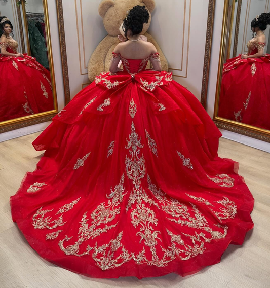 Lace Appliqued Beaded Off Shoulder Red Quinceanera Dresses for Sweet 16 HE1578