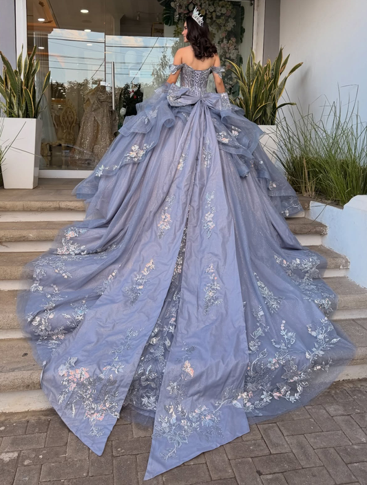 Off Shoulder Lace Appliqued Tulle Ruffled Dusty Blue Quinceanera Dress for Sweet 15 HE1605