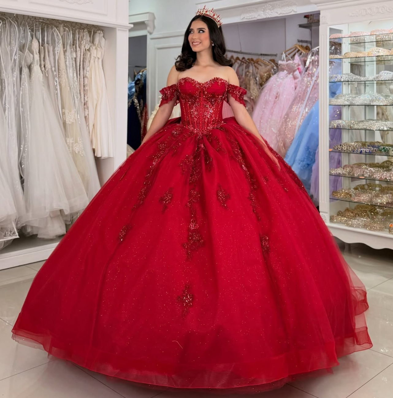 Princess Ball Gown Red Quinceanera Dresses Off Shoulder Birthday Gowns for Sweet 16 HE1603