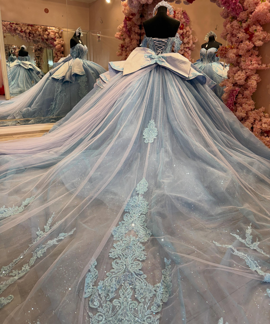 Glittery Tulle Lace Appliqued Off Shoulder Blue Quinceanera Dresses for Sweet 16 HE1573