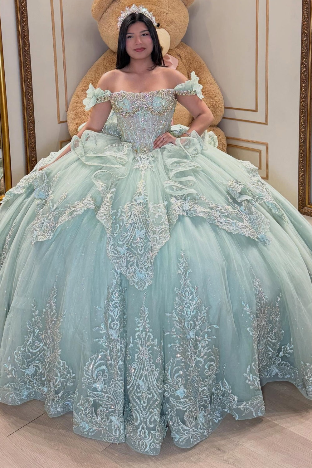 green lace off the shoulder dress Appliqued Tulle Quinceanera Dresses for Sweet Color:Shadowed Stream A-line One Shoulder Chiffon Do not know what Color_Family:White