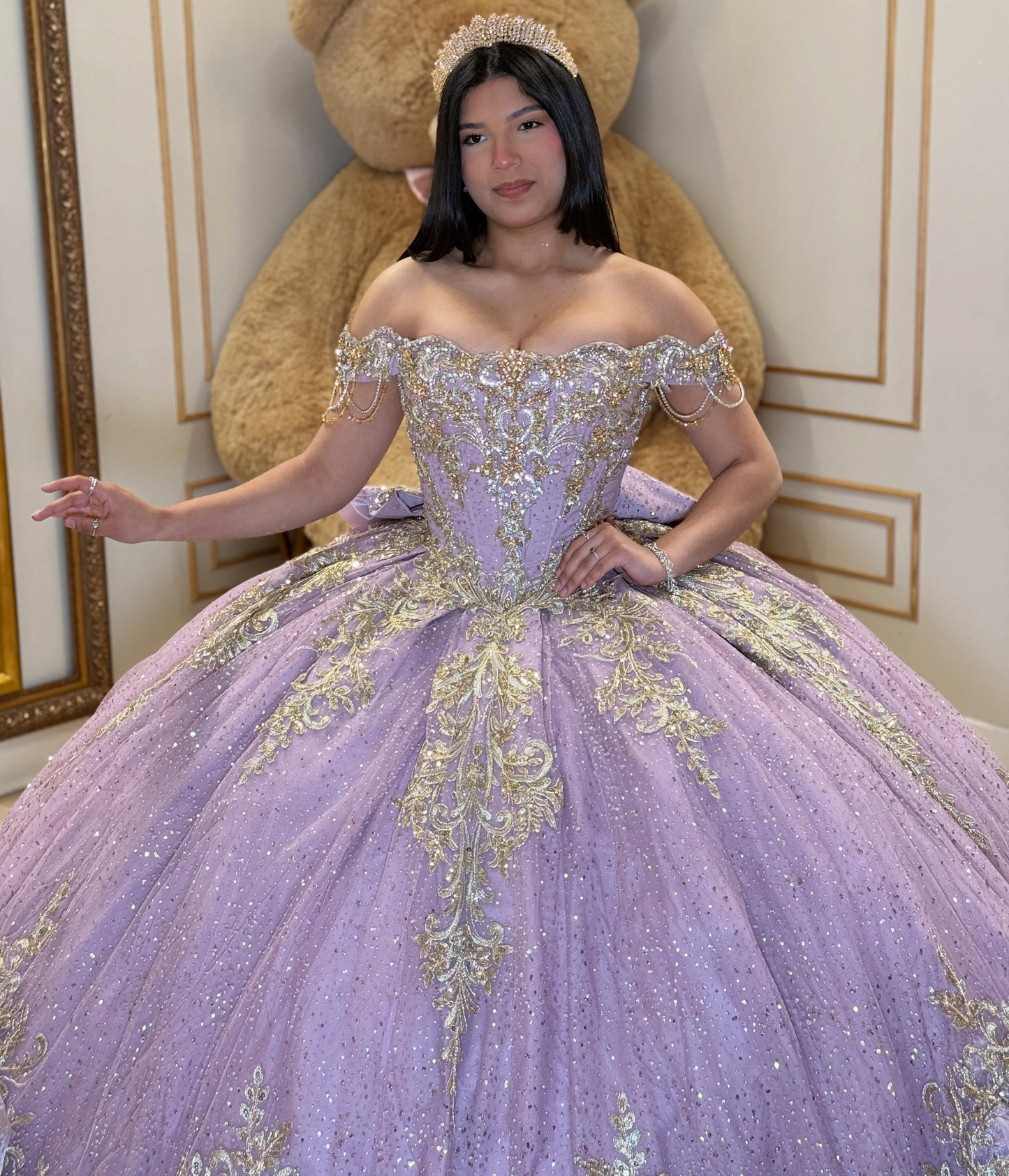Glittery Tulle Lace Appliqued Off Shoulder Lilac Quinceanera Dress for Sweet 15 HE1586