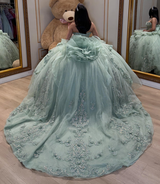 Glittery Tulle Sweetheart Lace Appliqued Green Quinceanera Dresses for Sweet 15 Party HE1595