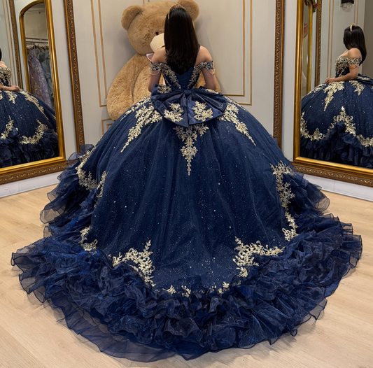 Tulle Appliqued Crystal Beaded Off Shoulder Quinceanera Dresses with Ruffled HE1587