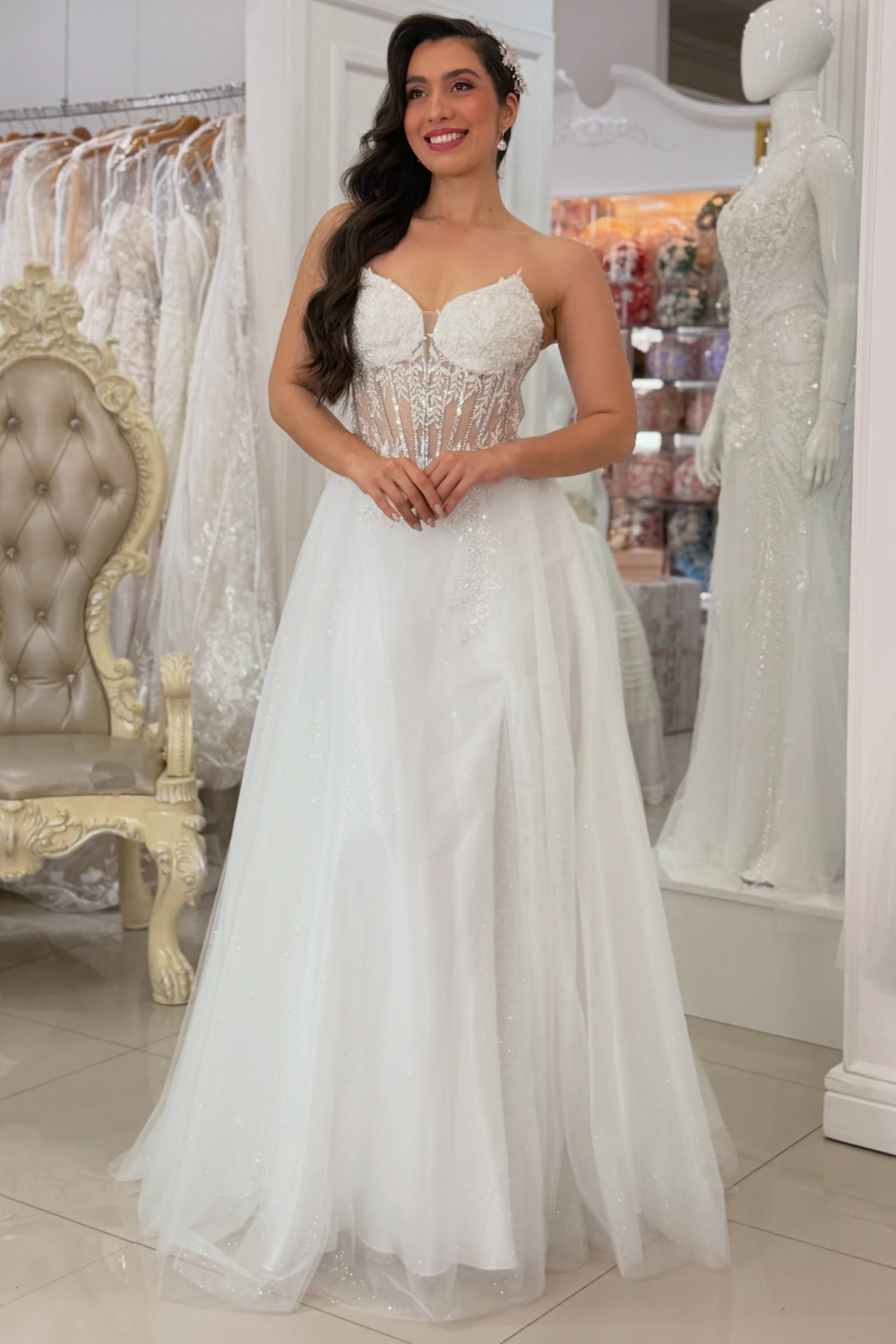 A Line Boho Lace Beaded Wedding Dresses for Bride Strapless Beach Brid