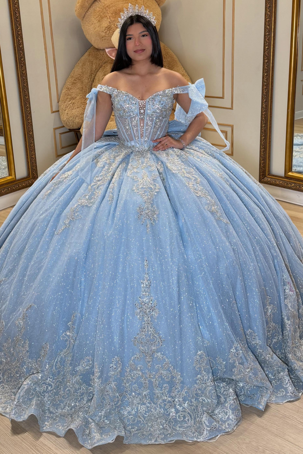 Princess Luxury Crystal Beaded Blue Quinceanera Dresses Sweet 16 Lace