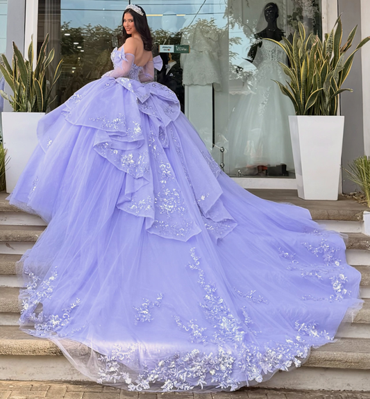 Vestidos de quinceañera con hombros descubiertos, tul princesa, apliques, vestidos de quinceañera HE530