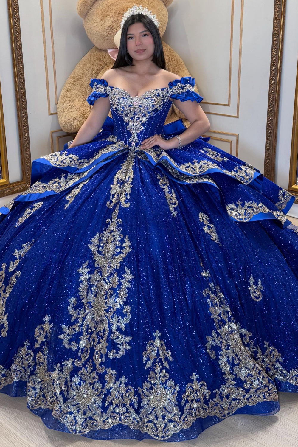 Princess Tulle Lace Appliqued Off Shoulder Blue Quinceanera Dress with
