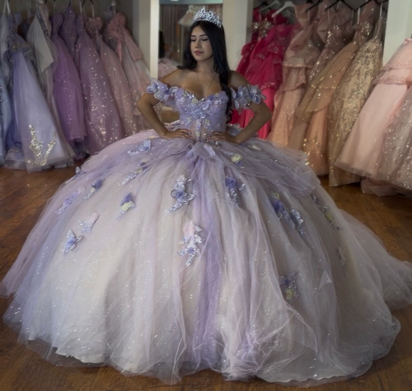 Ball Gown Glittery Tulle 3D Flower Sweet 16 Lilac Quinceanera Dresses with Lace Appliqued HE1613