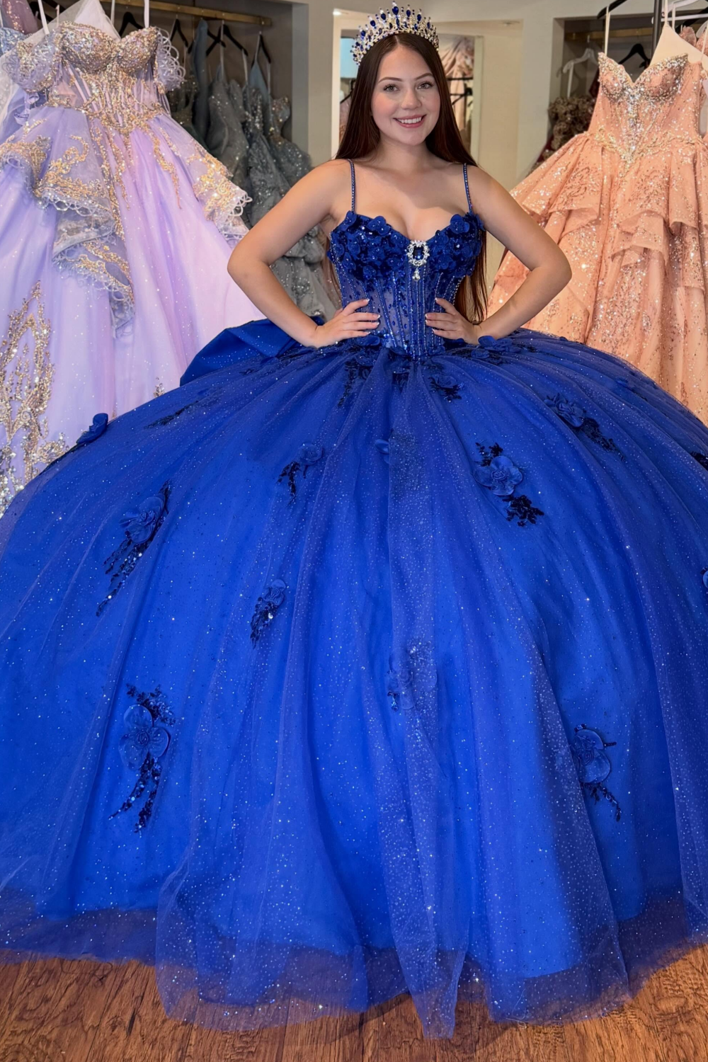 Glittery Tulle Sweetheart Royal Blue Quinceanera Dresses Party Gowns f