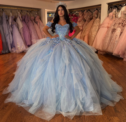 Ball Gown Off Shoulder Tulle Blue Sweet 16 Quinceanera Dresses for Birthday Party HE1612
