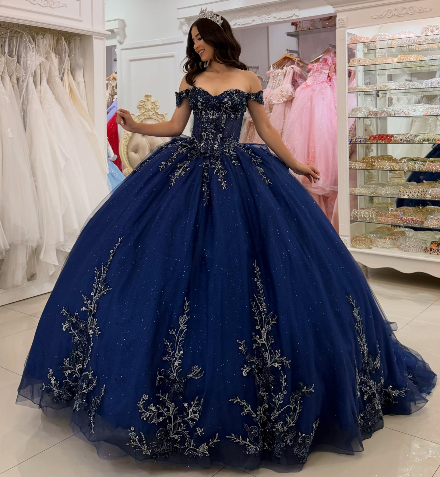 Ball Gown Lace Appliqued Tulle Navy Quinceanera Dresses Princess Sweet 15 Birthday Gowns HE1668