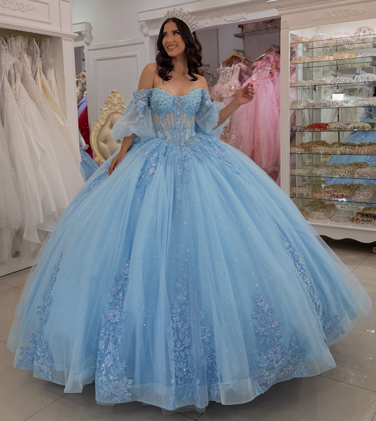 Vestidos de quinceañera con hombros descubiertos, tul princesa, apliques, vestidos de quinceañera HE530
