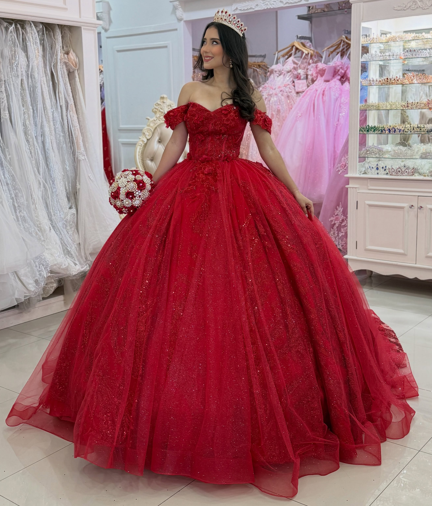 Luxury Glittery Tulle Appliqued Red Quinceanera Dresses Lace Party Gowns for Sweet 16 HE1675
