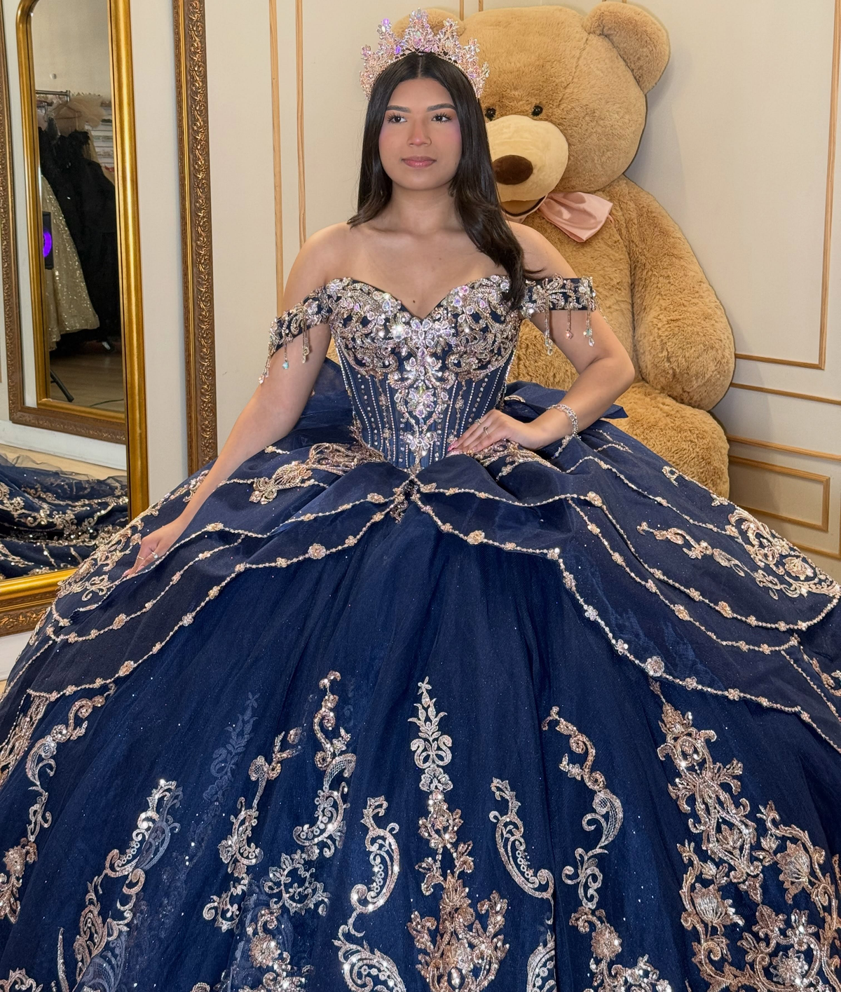 Lace Appliqued Crystal Beaded Navy Quinceanera Dresses for Sweet 16 Birthday Party HE1717