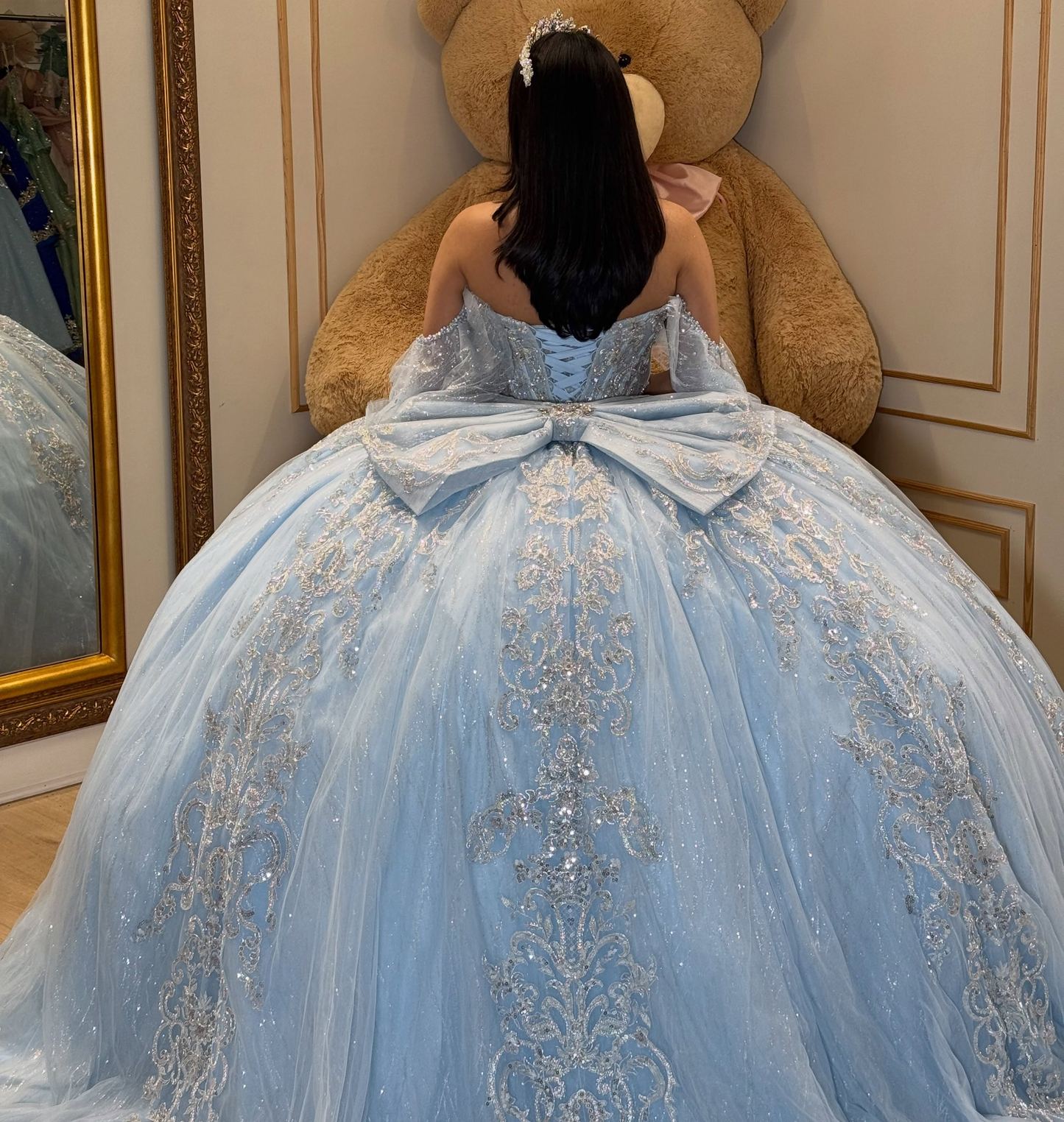 Tulle Lace Appliqued Blue Quinceanera Dresses Off Shoulder Sweet 16 Birthday Gown HE1716