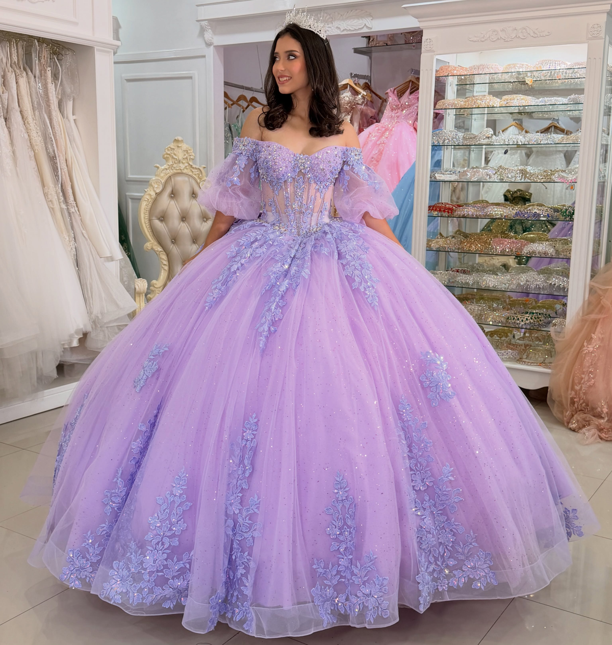 Off Shoulder Lilac Quinceanera Dresses Tulle Lace Appliqued Party Gowns for Sweet 16 HE1697