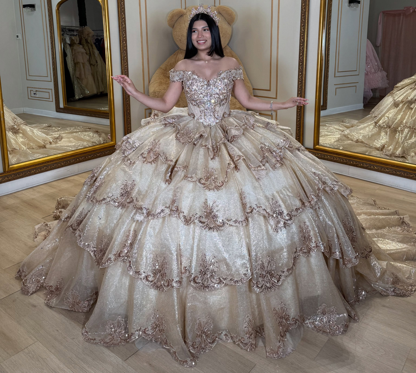 Tulle Lace Appliqued Ruffled Quinceanera Dresses Off Shoulder Sweet 16 Party Gowns HE1711