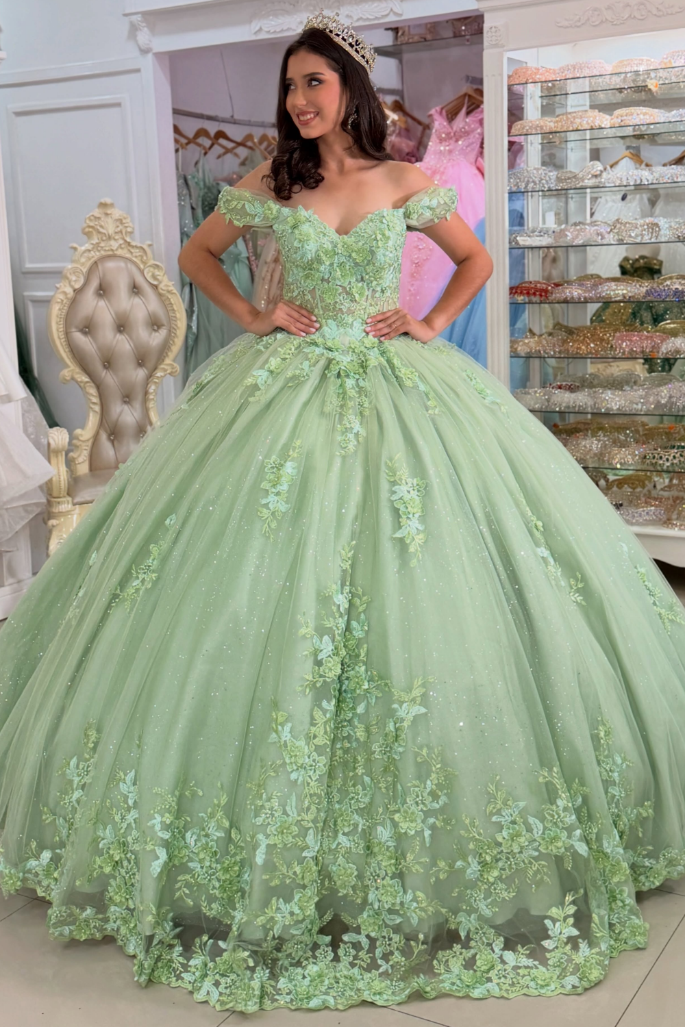 Tulle Lace Appliqued Off Shoulder Green Quinceanera Dresses for Sweet