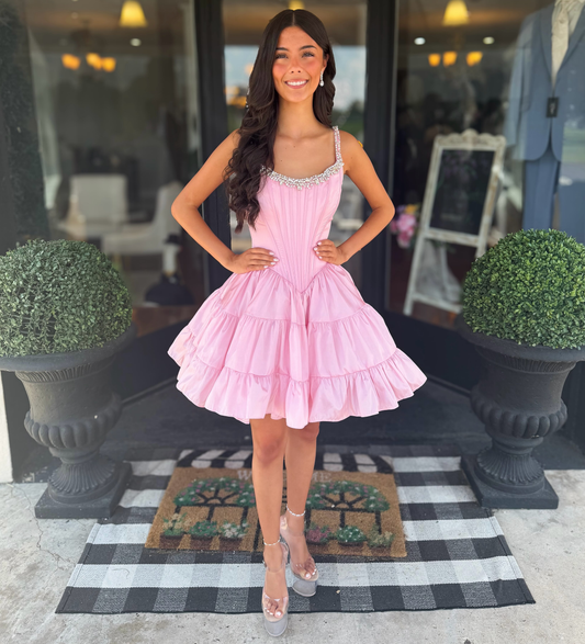 Satin A Line Homecoming Dresses Knee Length Party Gowns Corset Cocktail Dress HE1769