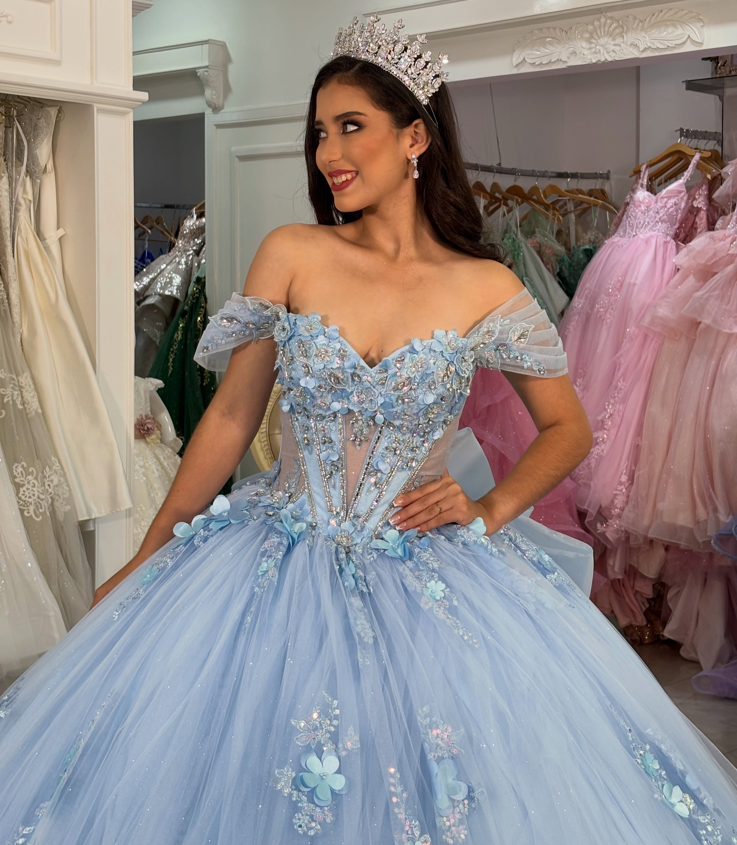 Off Shoulder Tulle 3D Flower Blue Quinceanera Dresses Sweet 16 Party Gowns with Ruffled HE1830