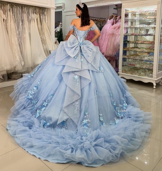 Off Shoulder Tulle 3D Flower Blue Quinceanera Dresses Sweet 16 Party Gowns with Ruffled HE1830