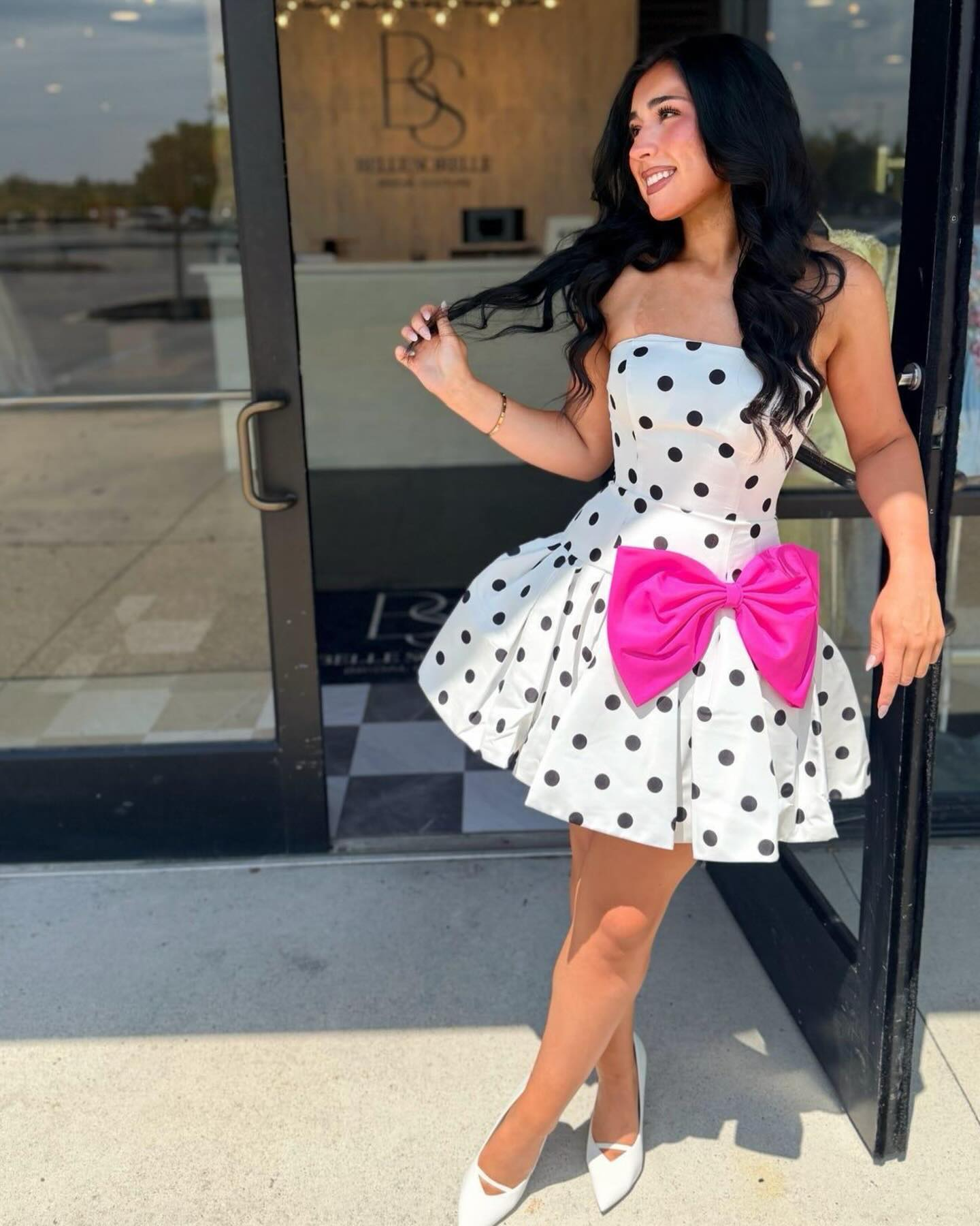 Strapless A Line Satin Homecoming Dresses Black Dots Short Party Gowns for Juniors HE1809
