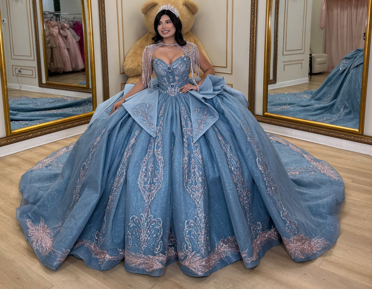 Glittery Tulle Crystal Lace Blue Quinceanera Dresses Sweetheart Party Gowns HE1927