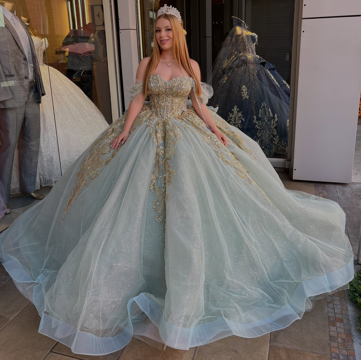 Off Shoulder Lace Appliqued Blue Quinceanera Dresses Sweet 16 Party Gowns HE1935