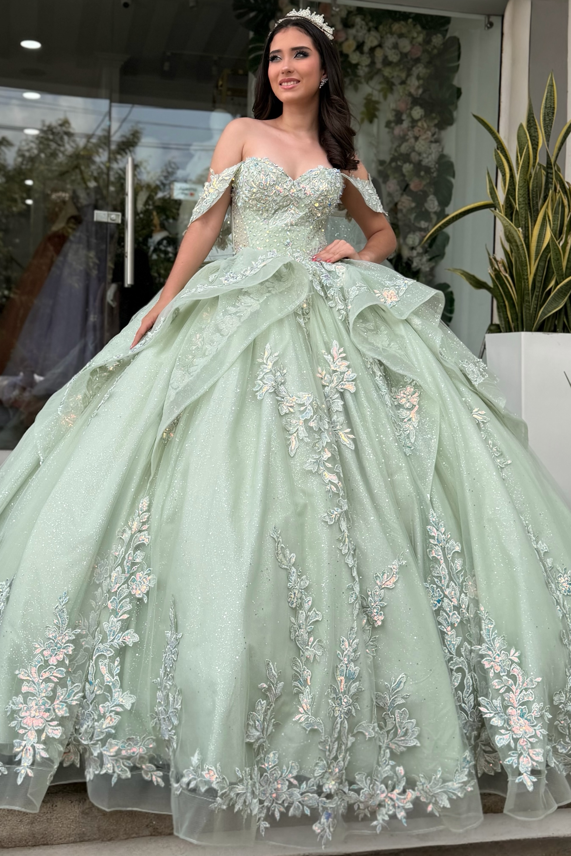 green dress sweet 16 Off Shoulder Quinceanera Dresses Lace Appliqued Party G – Hebebridal 30 mm
