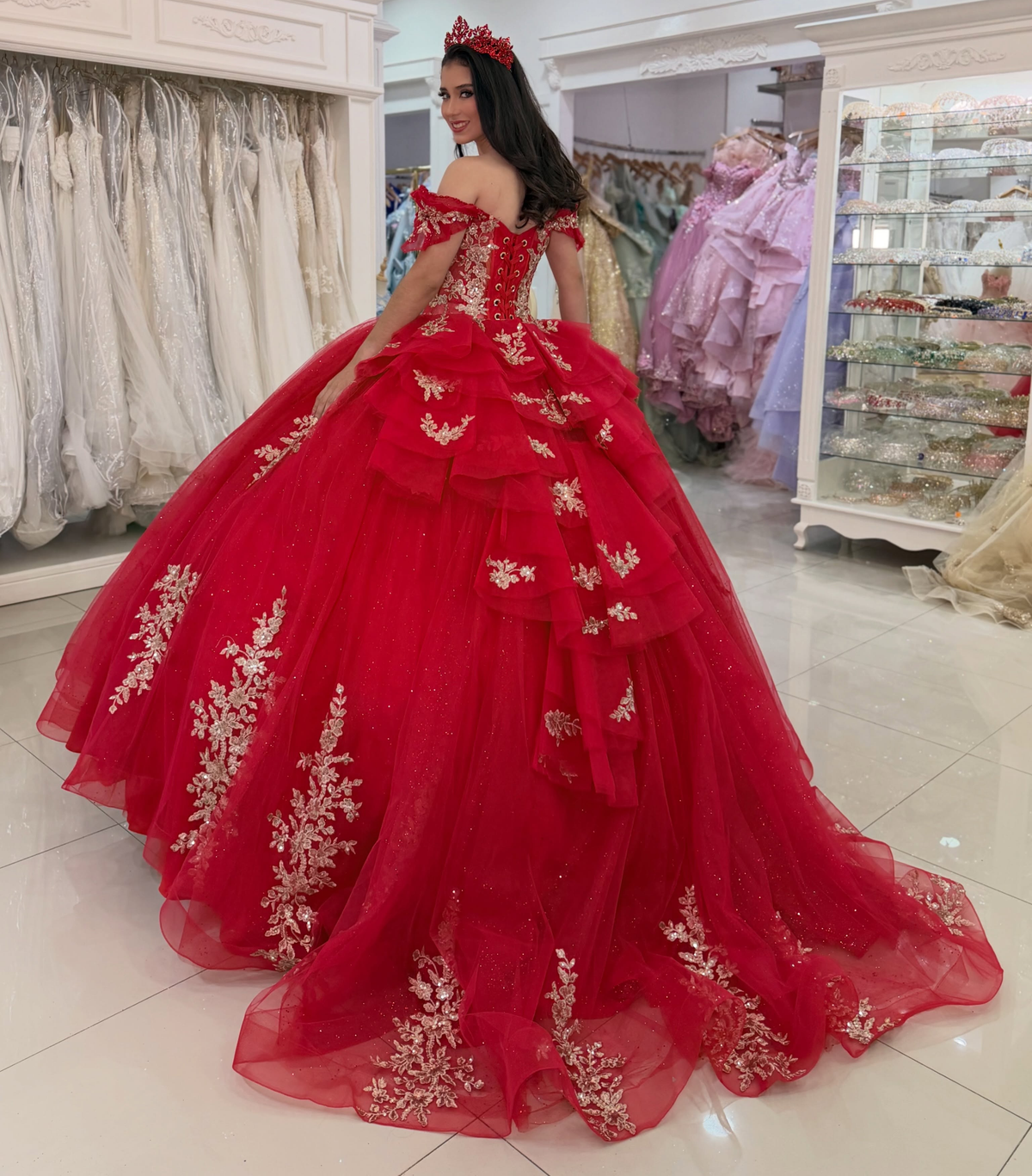 Princess Sweet 16 Red Quinceanera Dresses Tulle Appliqued Birthday Prom Party Gowns HE1995