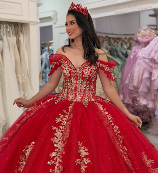 Princess Sweet 16 Red Quinceanera Dresses Tulle Appliqued Birthday Prom Party Gowns HE1995