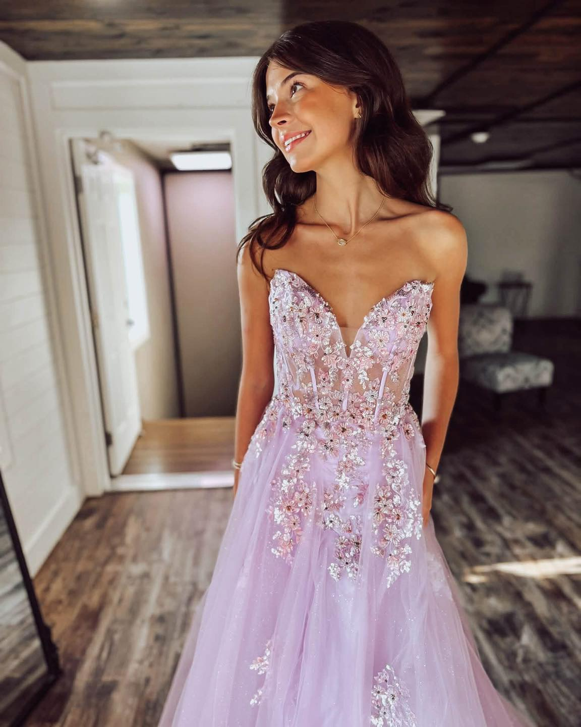 Sweetheart A Line Long Prom Dresses Tulle Appliqued Strapless Evening Gowns for Women HE1976